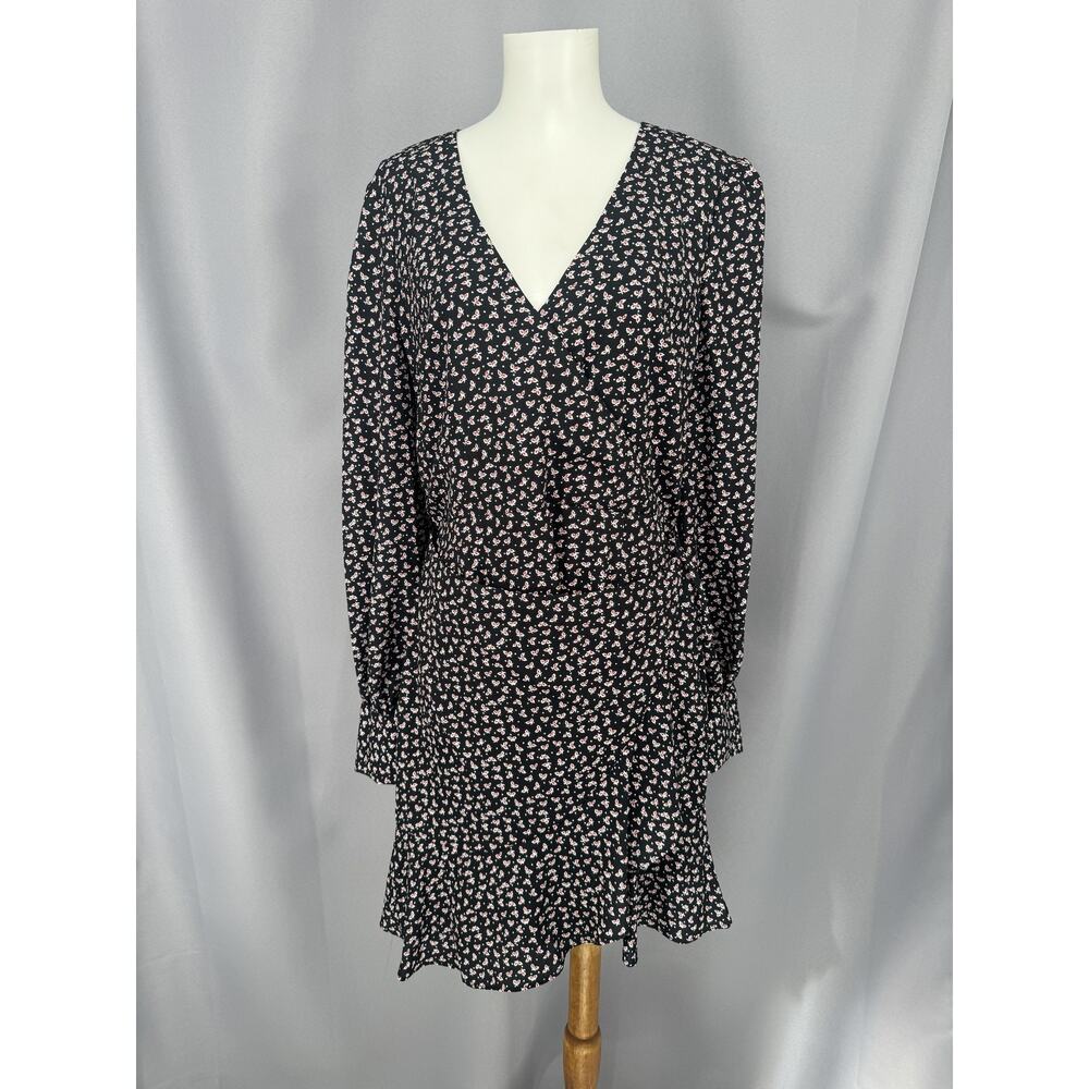 Barneys New York Dress Womens Medium Black Floral Wrap Long Sleeve Ruffle Mini